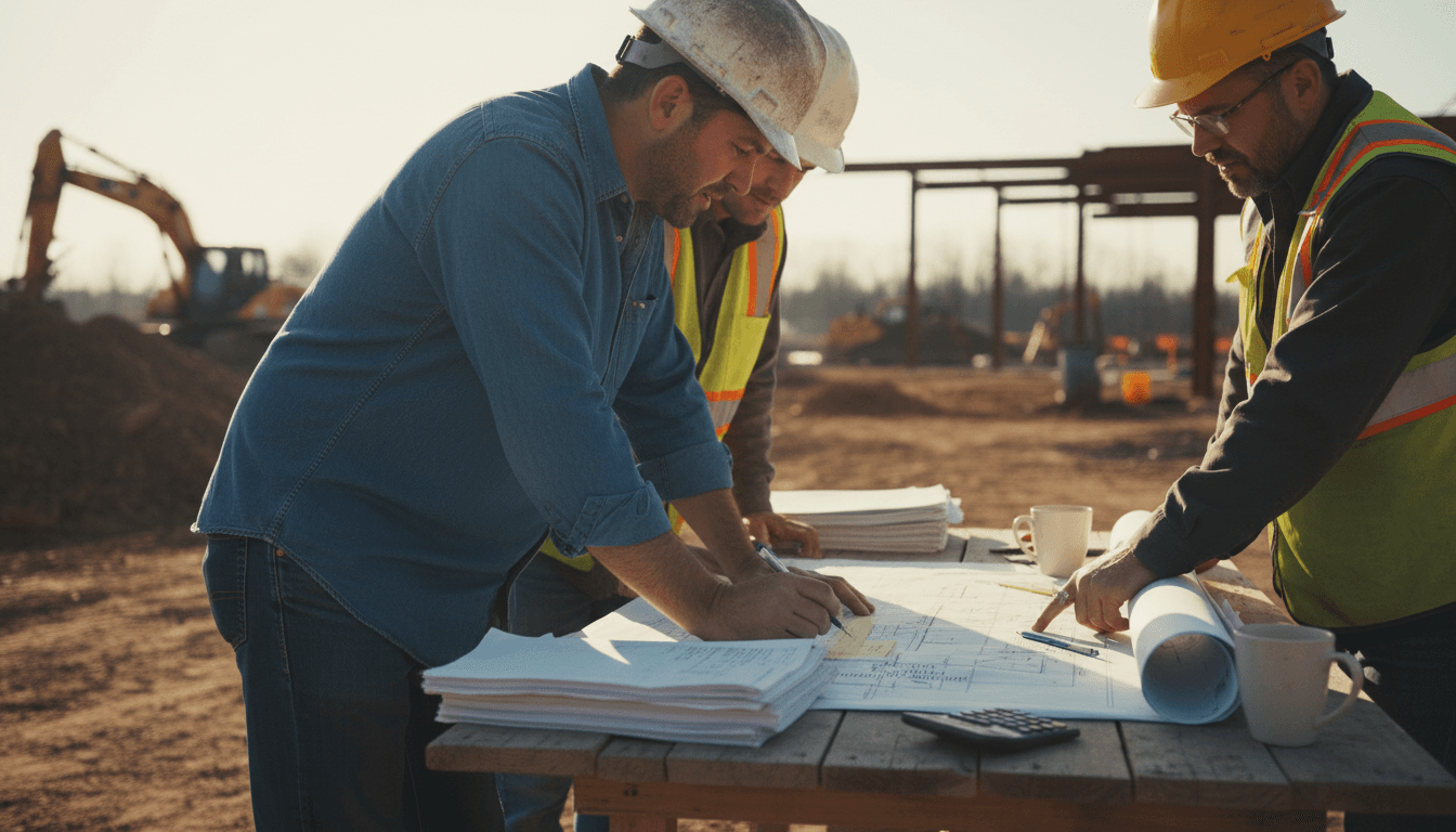 Contractor reviewing construction bid documents and blueprints at a work table with morning light
